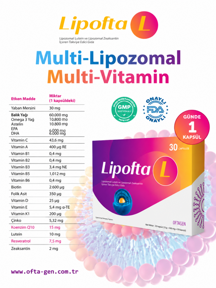 Lipofta L 30 Kapsül Lipozomal Lutein, Lipozomal Zeaksantin Ve Koenzim Q10 Içeren Takviye Edici Gıda
